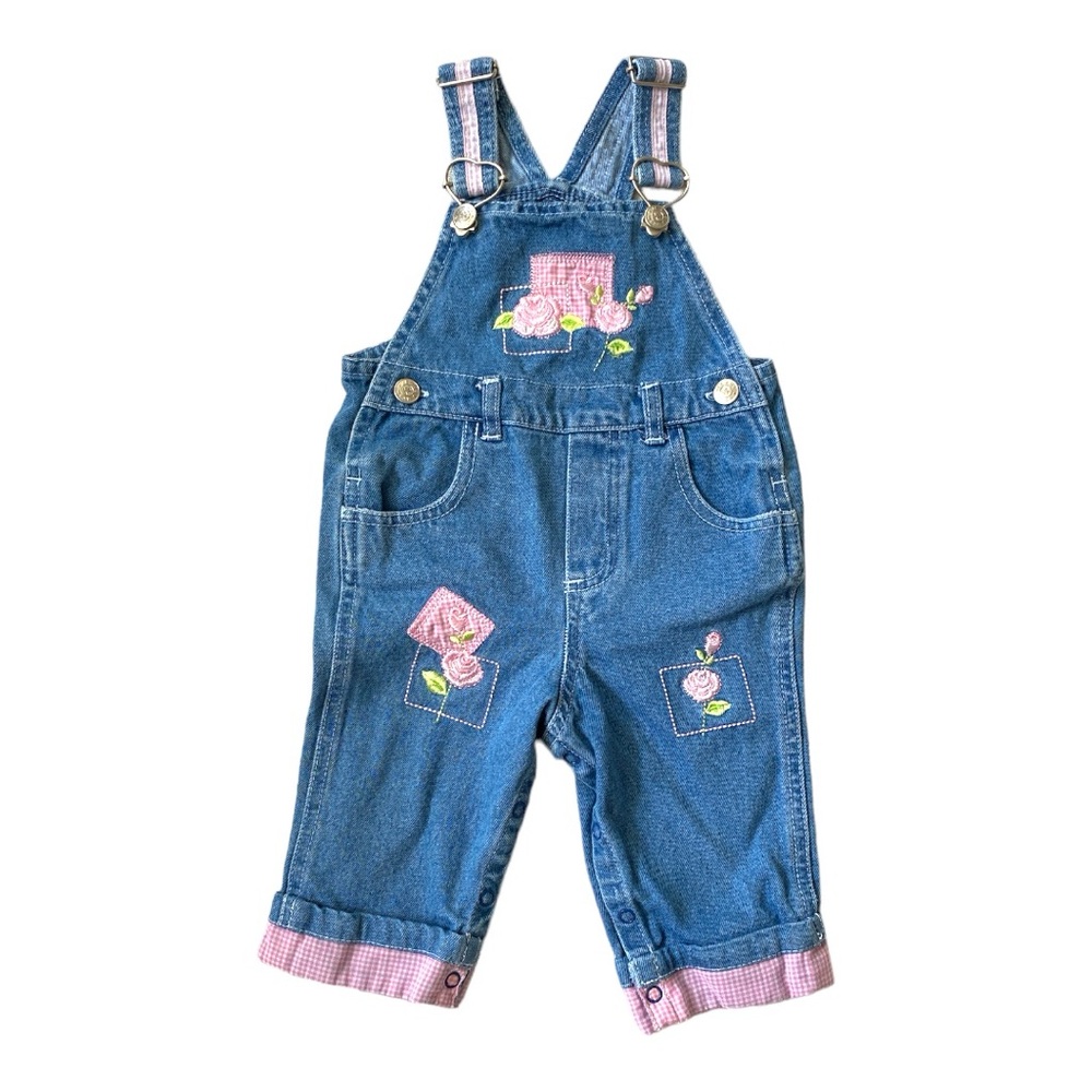 VINTAGE 90s Overalls Denim Jeans Bibs Bottoms Patchwork Floral Pants Blue Pink